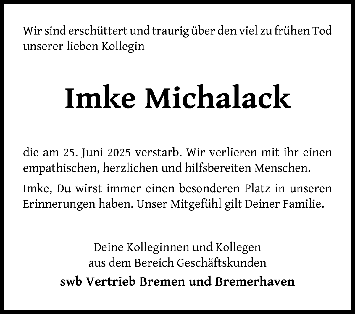 Traueranzeige von Imke Michalack von WESER-KURIER
