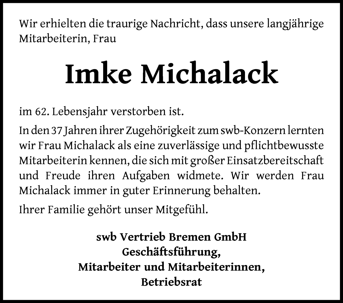 Traueranzeige von Imke Michalack von WESER-KURIER