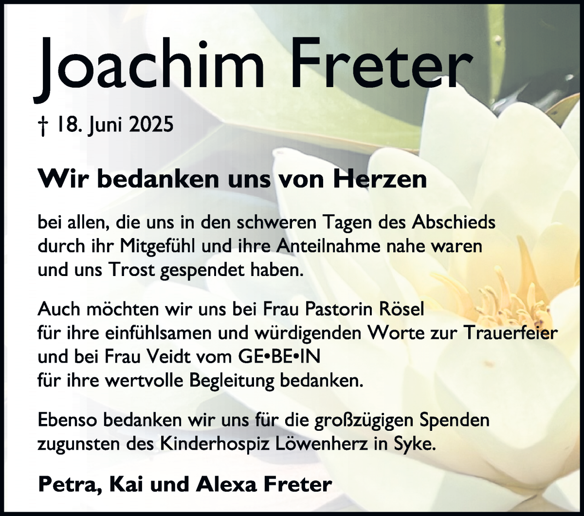 Traueranzeige von Joachim Freter von WESER-KURIER