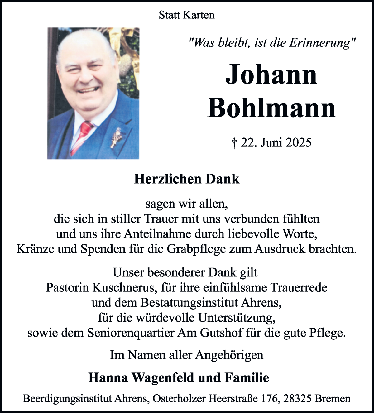 Traueranzeige von Johann Bohlmann von WESER-KURIER