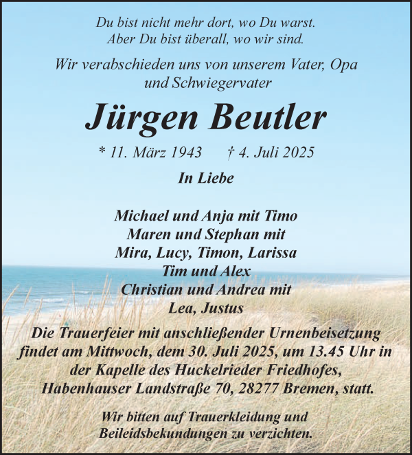 Traueranzeige von Jürgen Beutler von WESER-KURIER