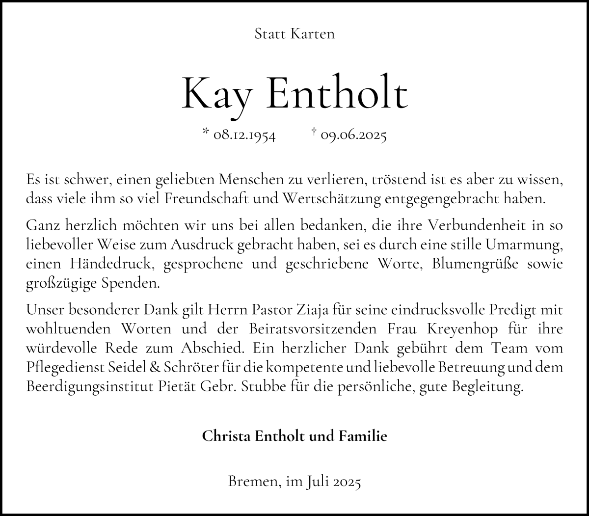 Traueranzeige von Kai Entholt von WESER-KURIER