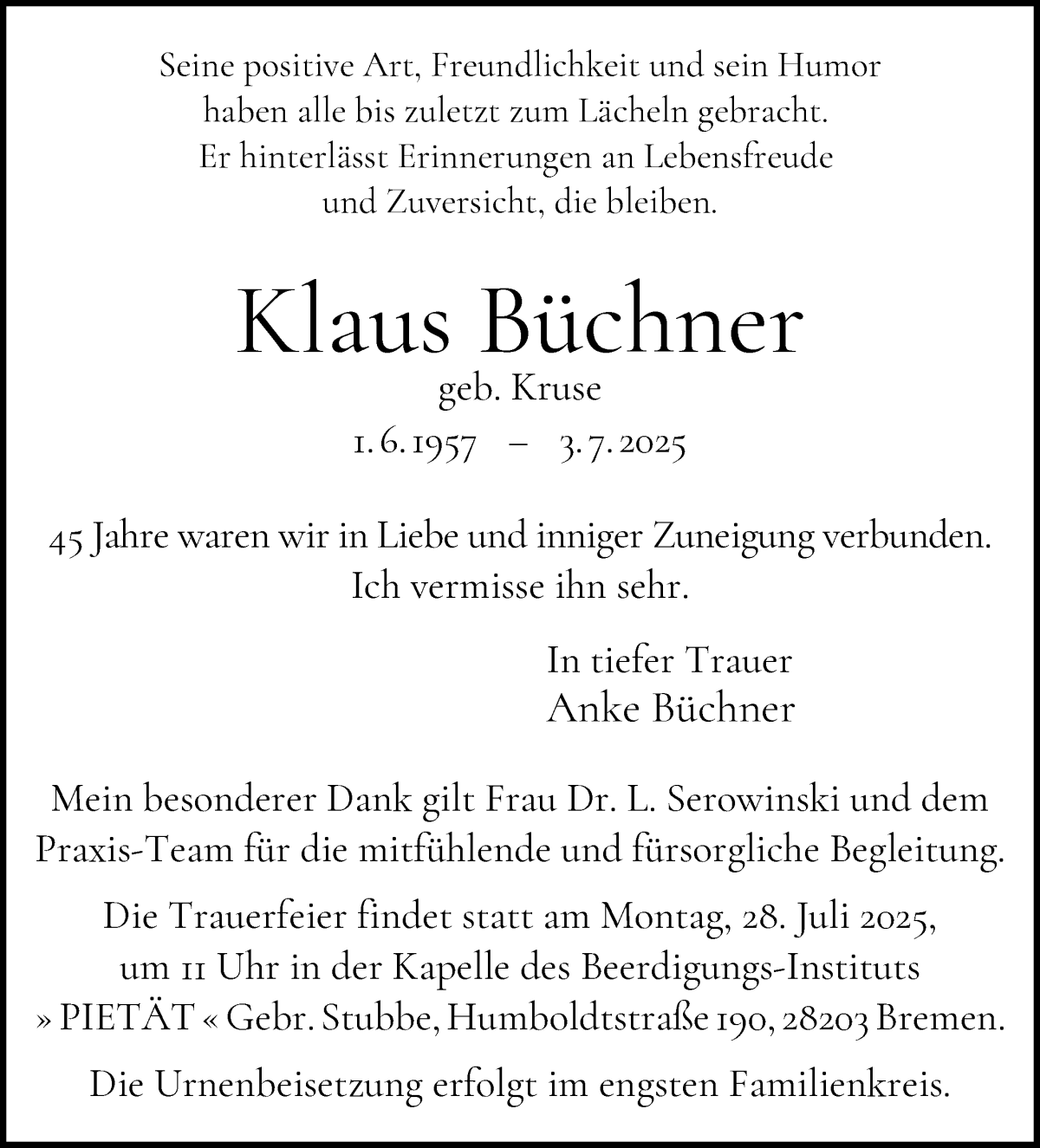 Traueranzeige von Klaus Büchner von WESER-KURIER