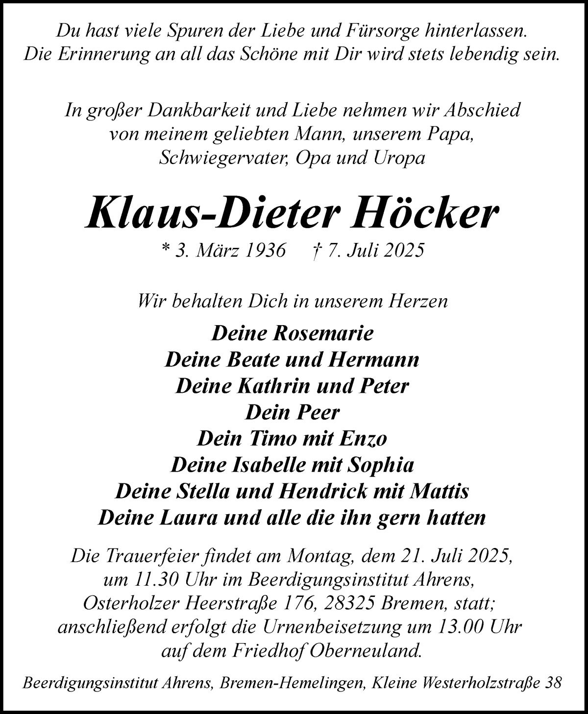 Traueranzeige von Klaus-Dieter Höcker von WESER-KURIER