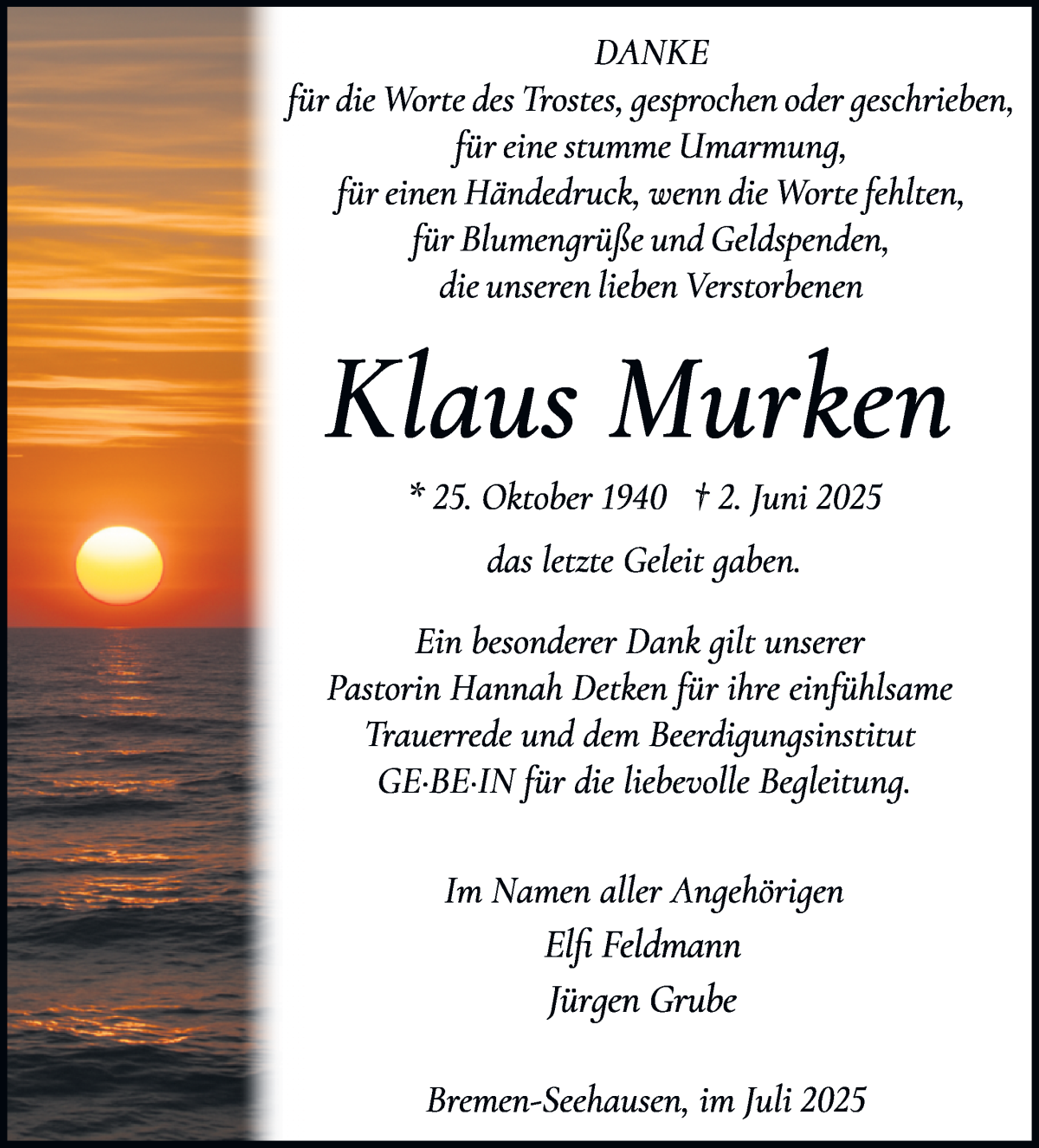 Traueranzeige von Klaus Murken von WESER-KURIER