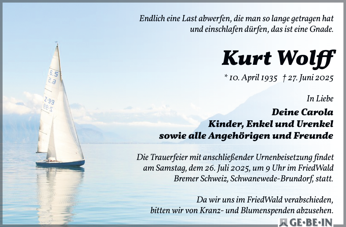 Traueranzeige von Kurt Wolff von Osterholzer Kreisblatt