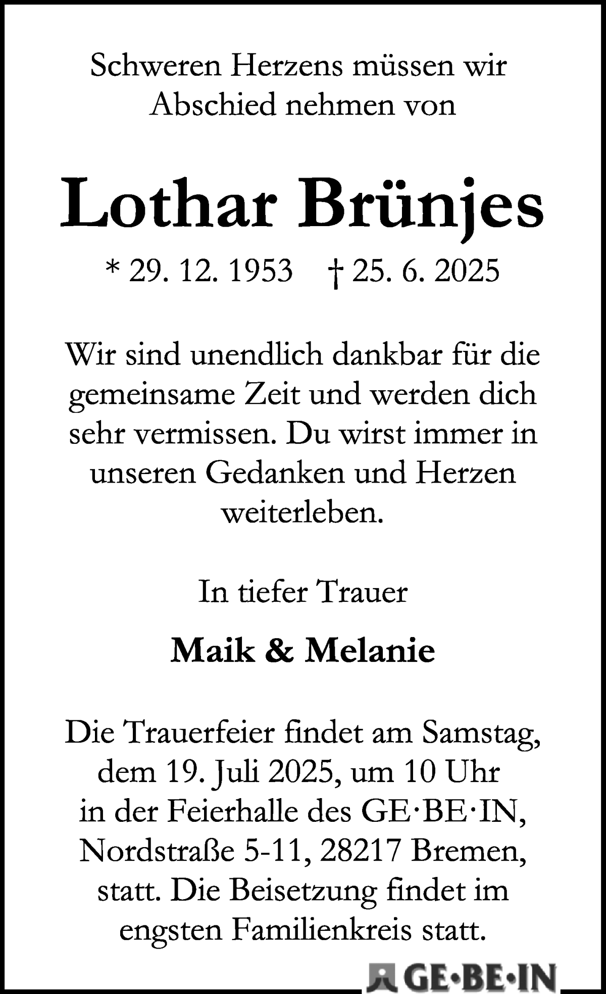 Traueranzeige von Lothar Brünjes von WESER-KURIER