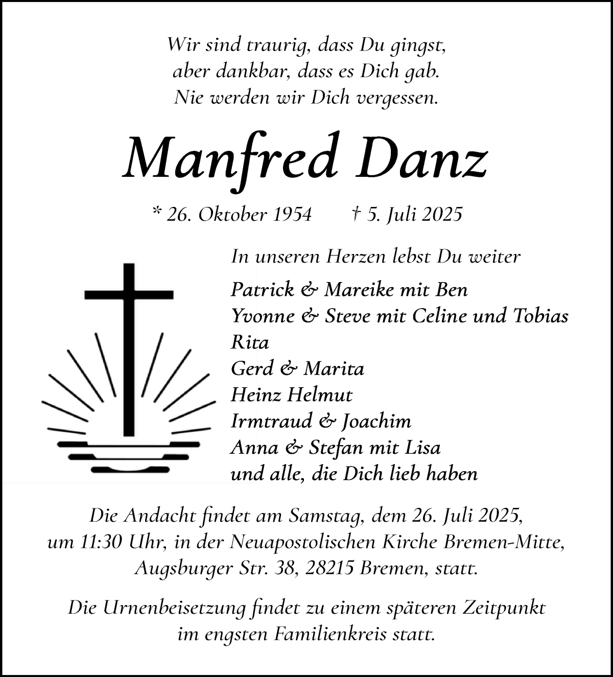 Traueranzeige von Manfred Danz von WESER-KURIER