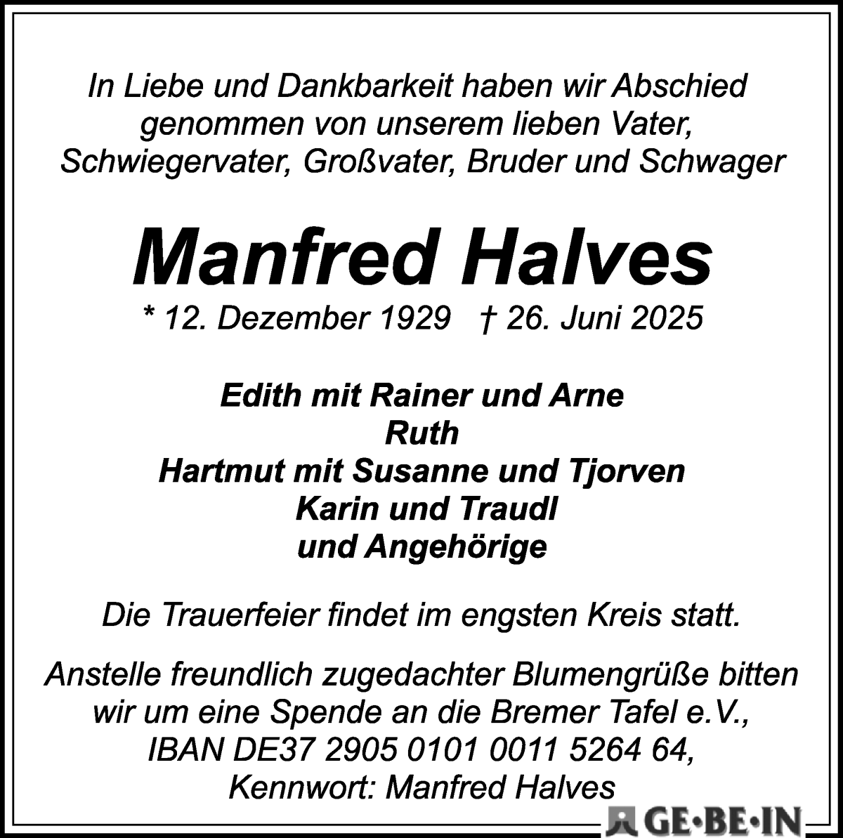 Traueranzeige von Manfred Halves von WESER-KURIER