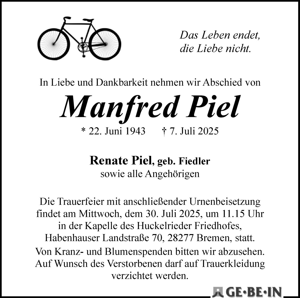 Traueranzeige von Manfred Piel von WESER-KURIER