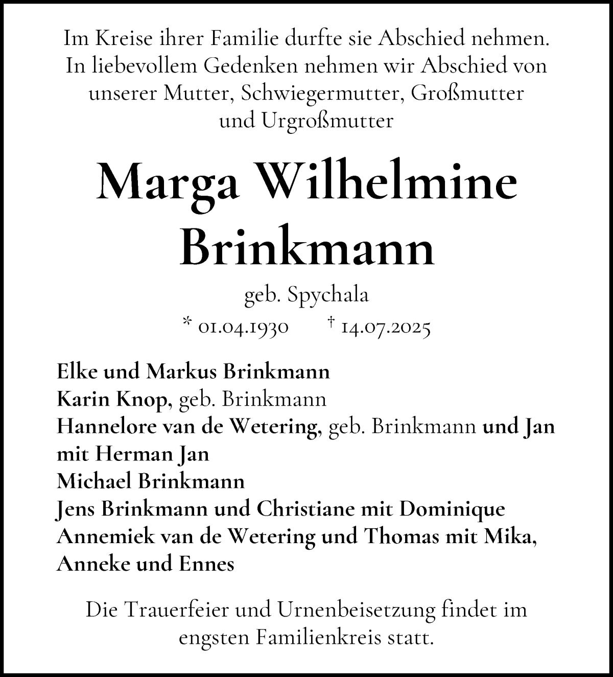 Traueranzeige von Marga Wilhelmine Brinkmann von WESER-KURIER