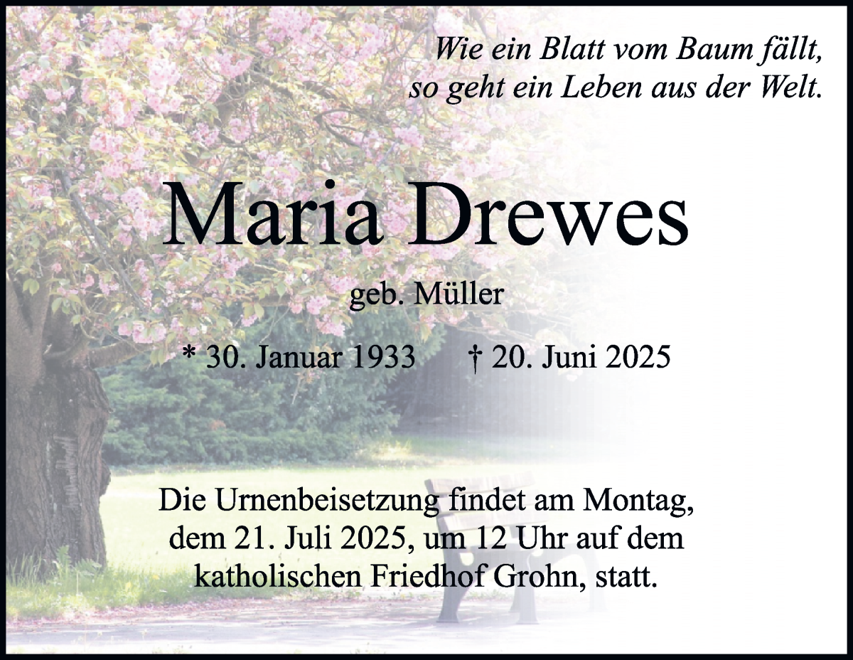 Traueranzeige von Maria Drewes von Die Norddeutsche