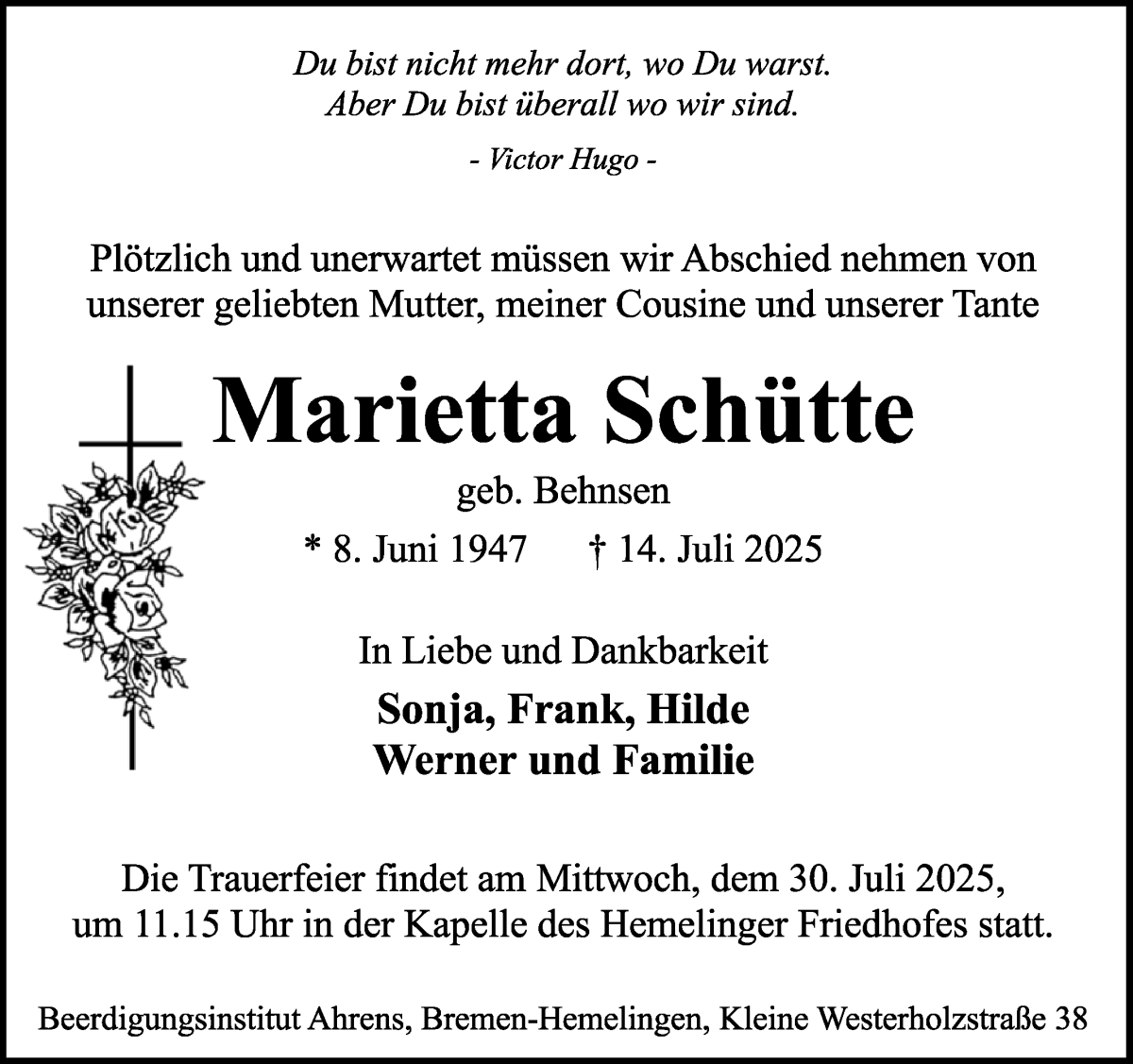 Traueranzeige von Marietta Schütte von WESER-KURIER