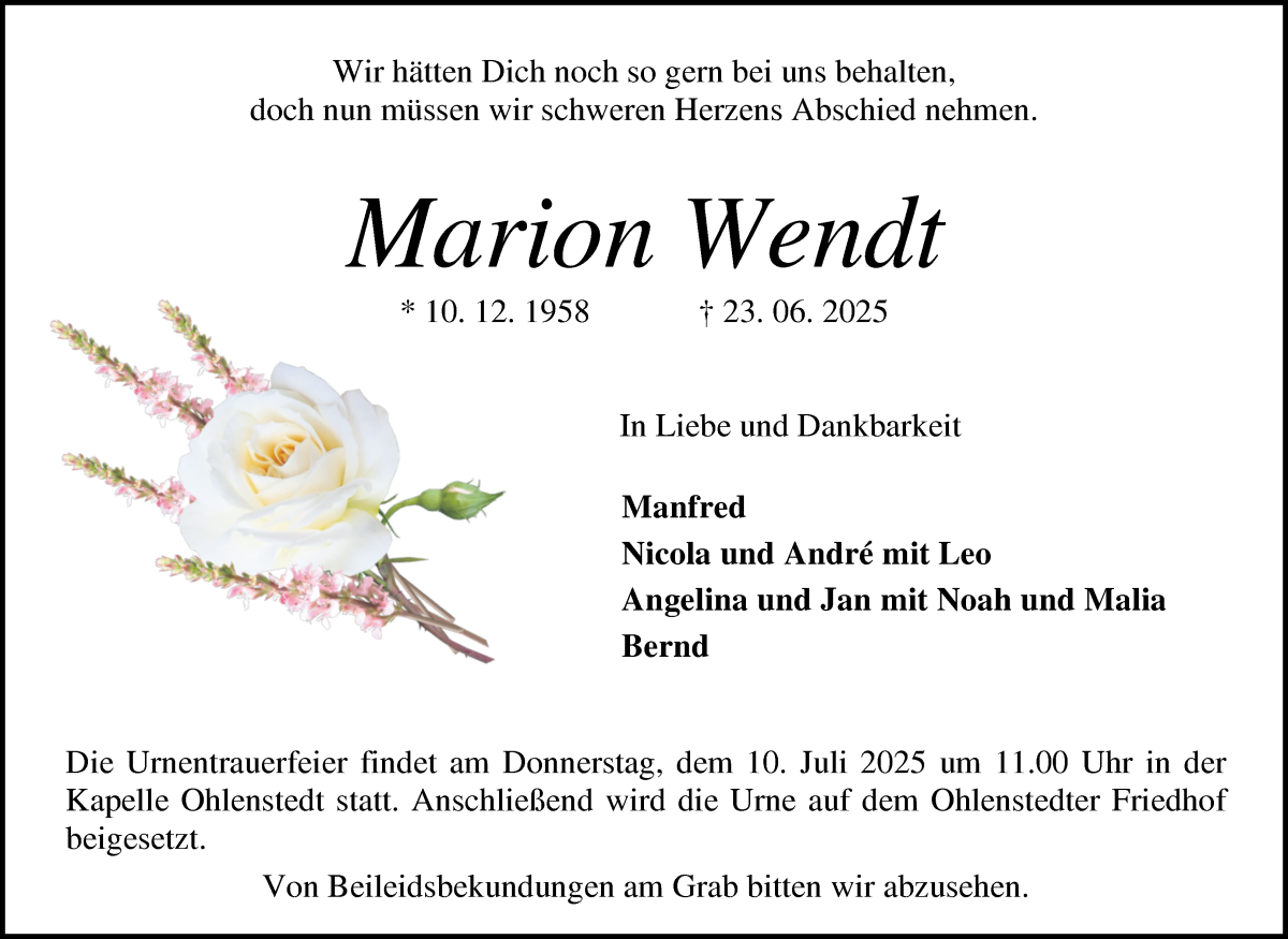 Traueranzeige von Marion Wendt von Osterholzer Kreisblatt