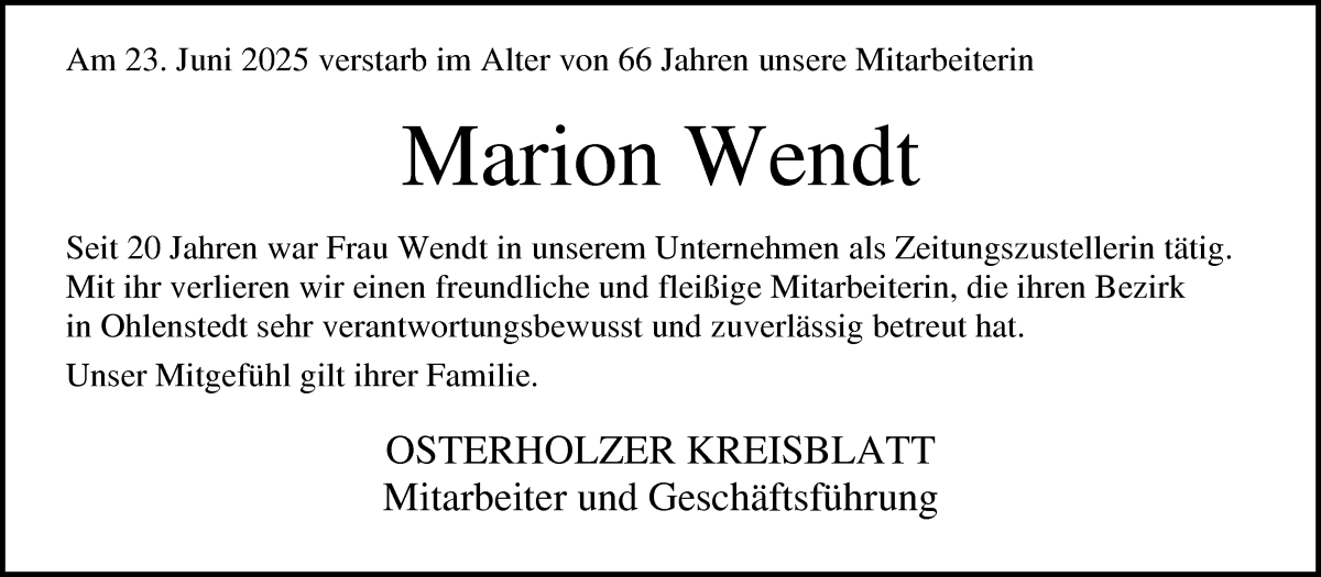 Traueranzeige von Marion Wendt von Osterholzer Kreisblatt