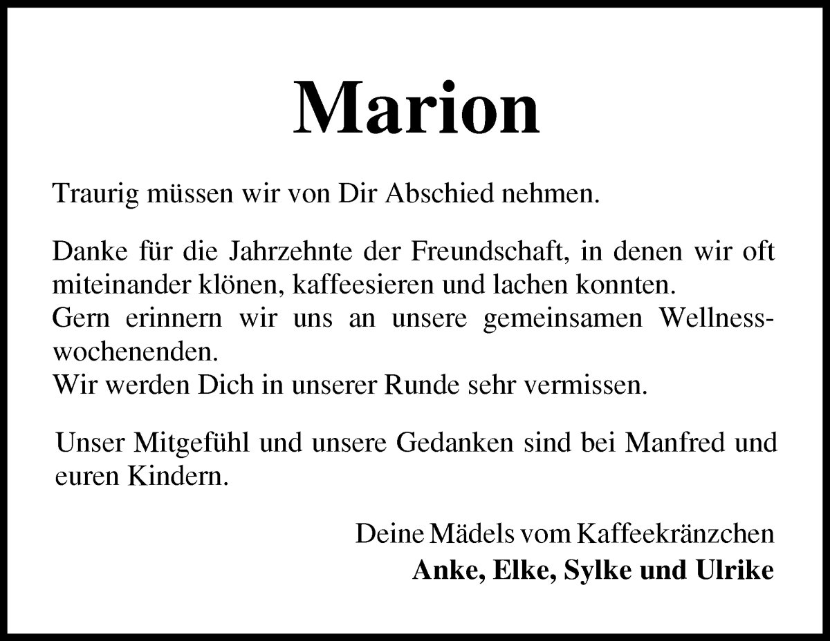 Traueranzeige von Marion Wendt von Osterholzer Kreisblatt