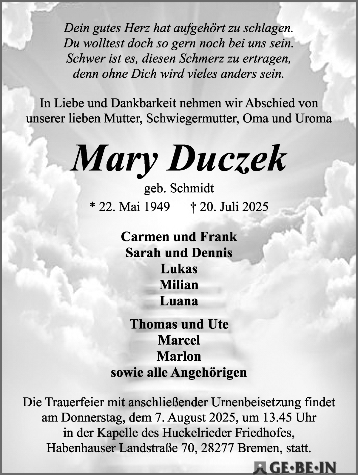Traueranzeige von Mary Duczek von WESER-KURIER