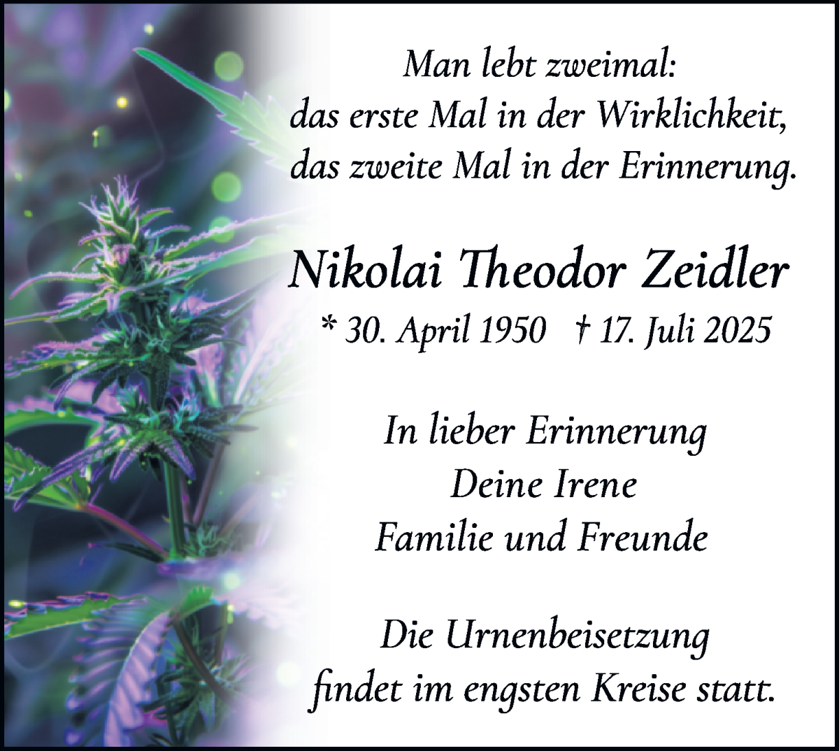 Traueranzeige von Nikolai Theodor Zeidler von WESER-KURIER