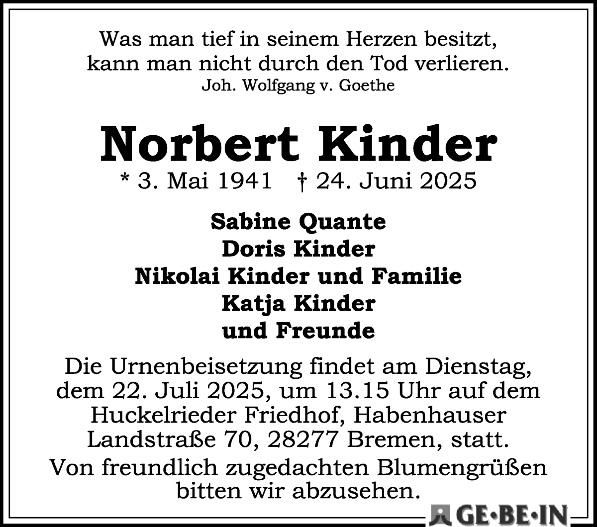 Traueranzeige von Norbert Kinder von WESER-KURIER