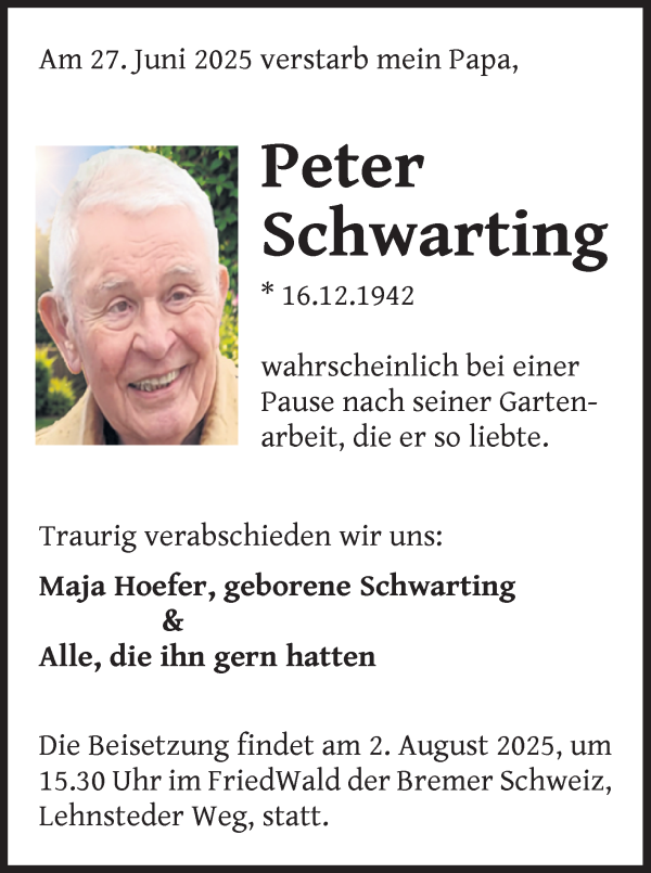 Traueranzeige von Peter Schwarting von Die Norddeutsche