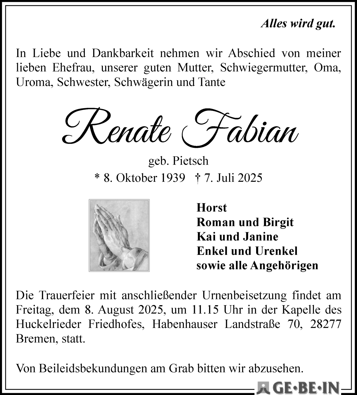 Traueranzeige von Renate Fabian von WESER-KURIER