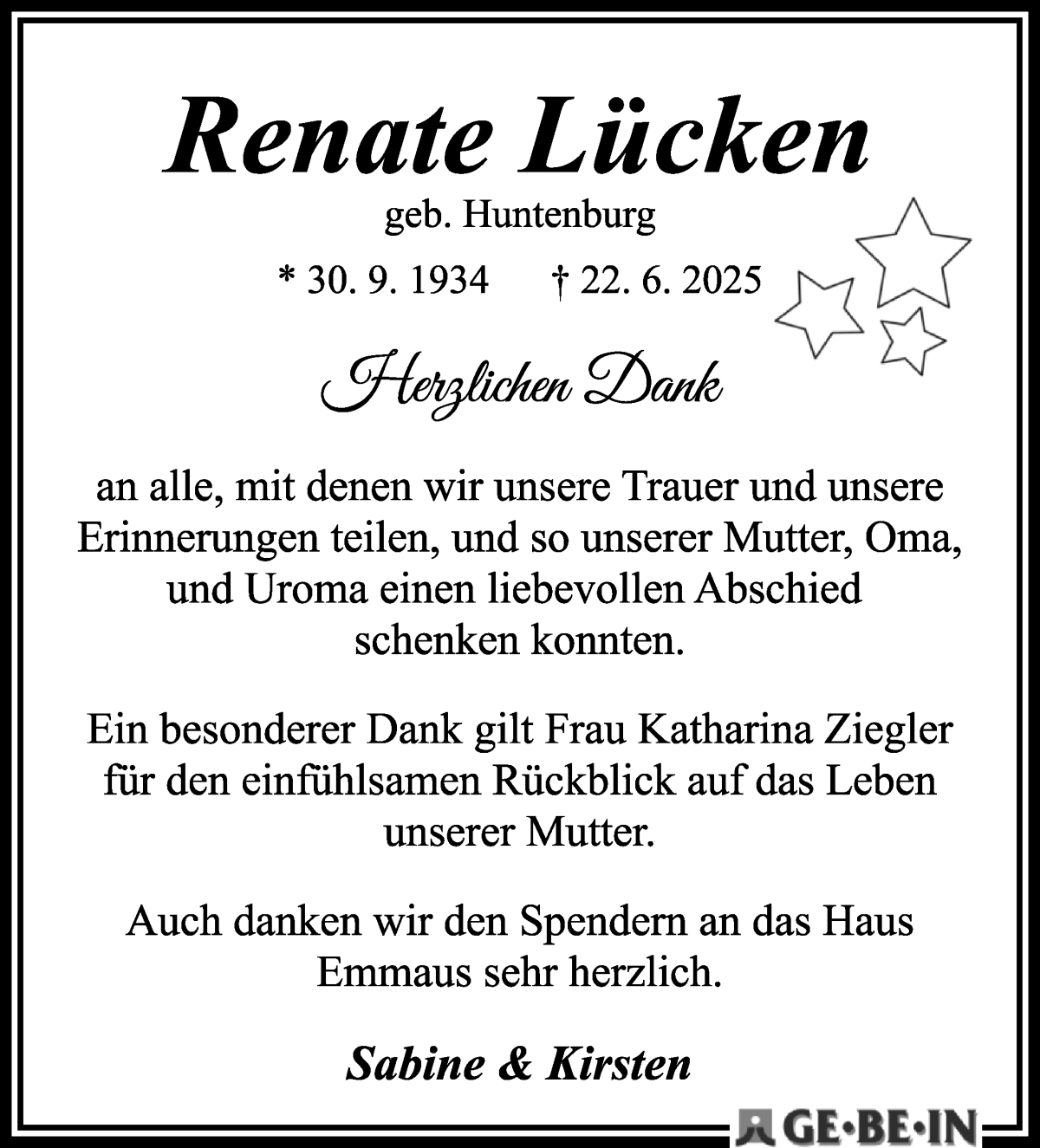 Traueranzeige von Renate Lücken von WESER-KURIER