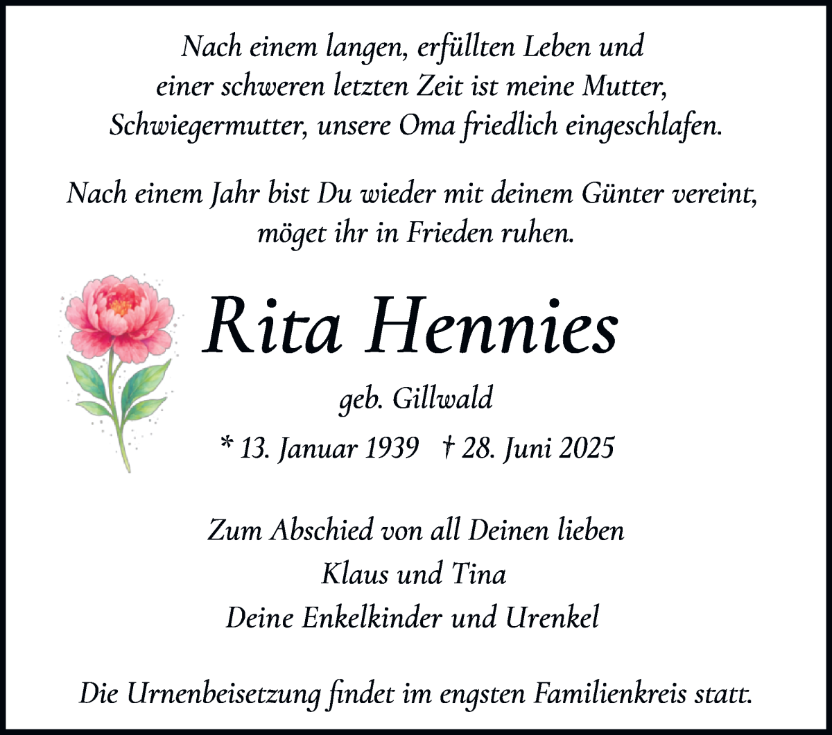 Traueranzeige von Rita Hennies von WESER-KURIER