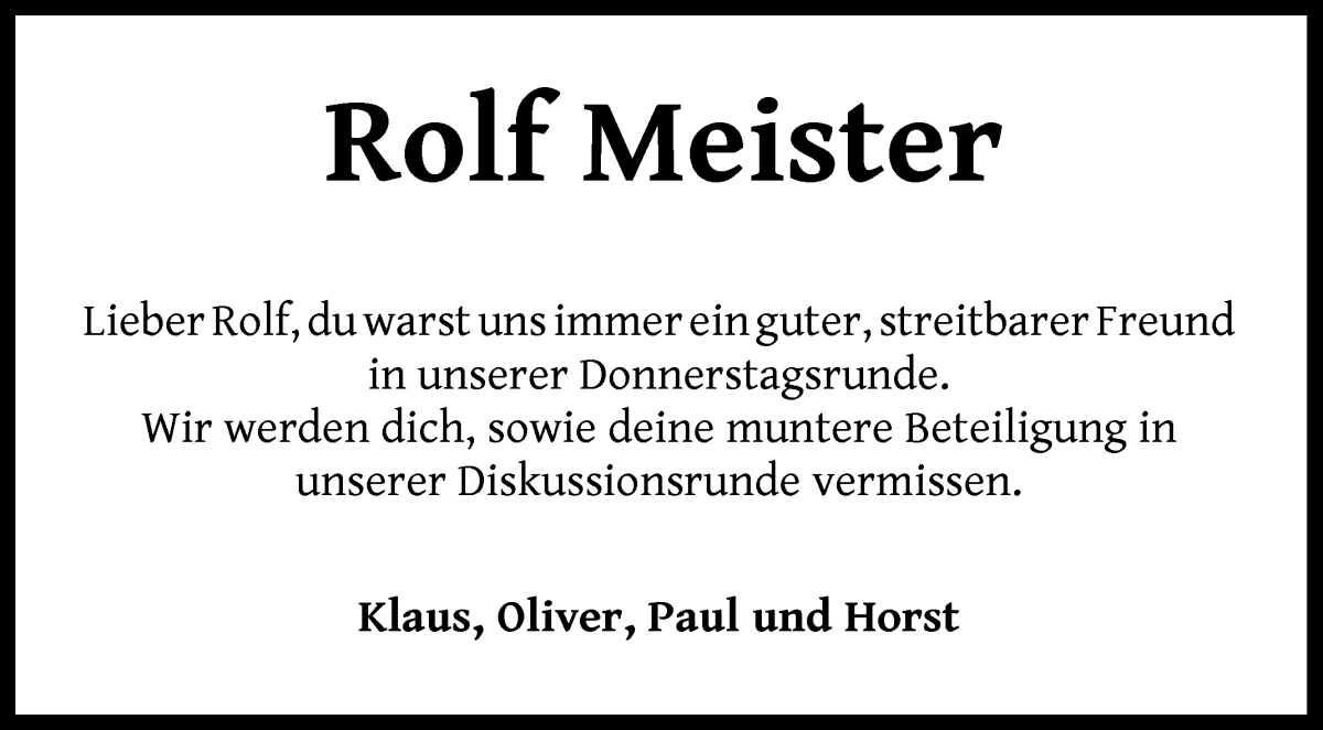 Traueranzeige von Rolf Meister von Achimer Kurier/Verdener Nachrichten