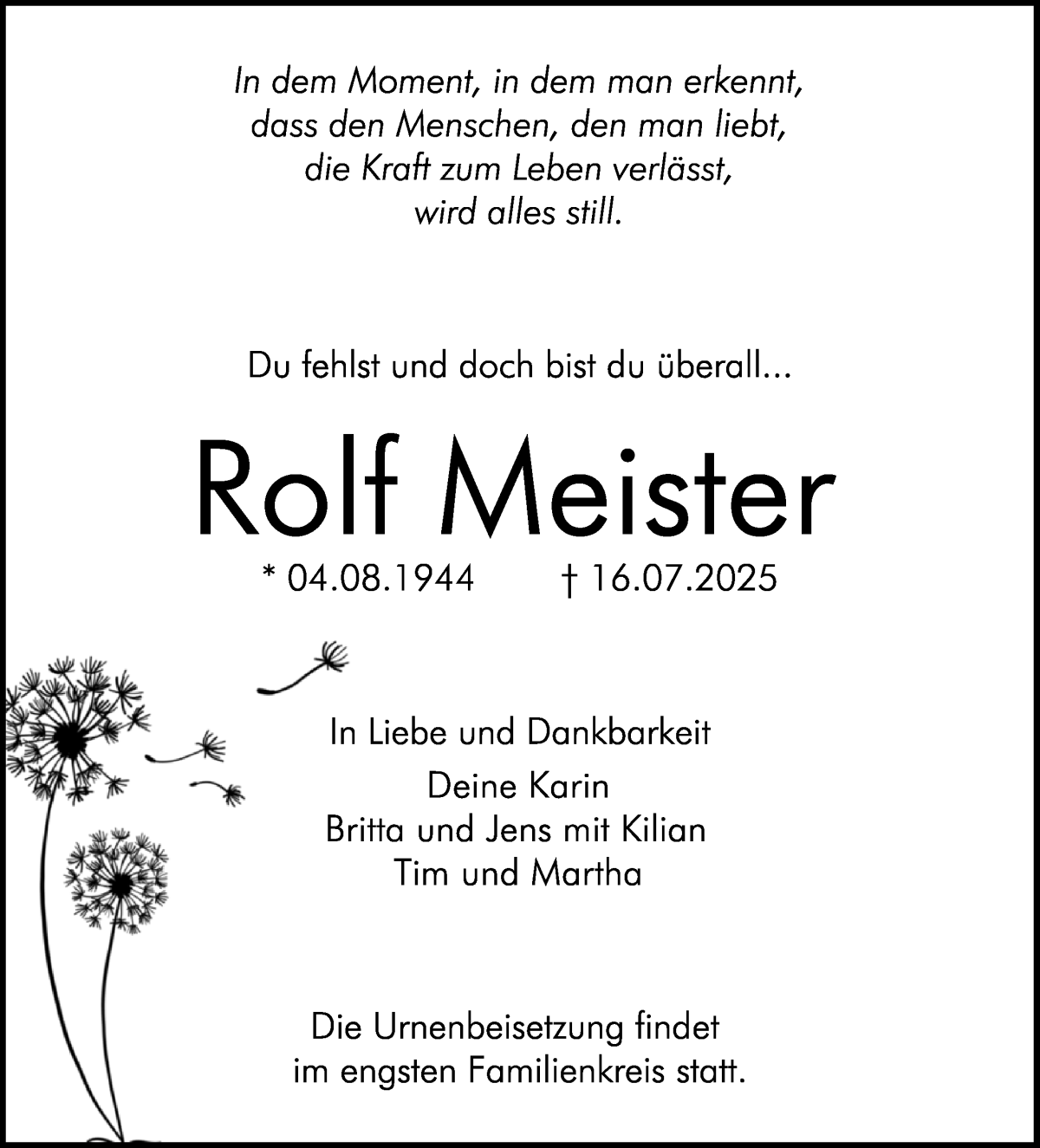 Traueranzeige von Rolf Meister von WESER-KURIER
