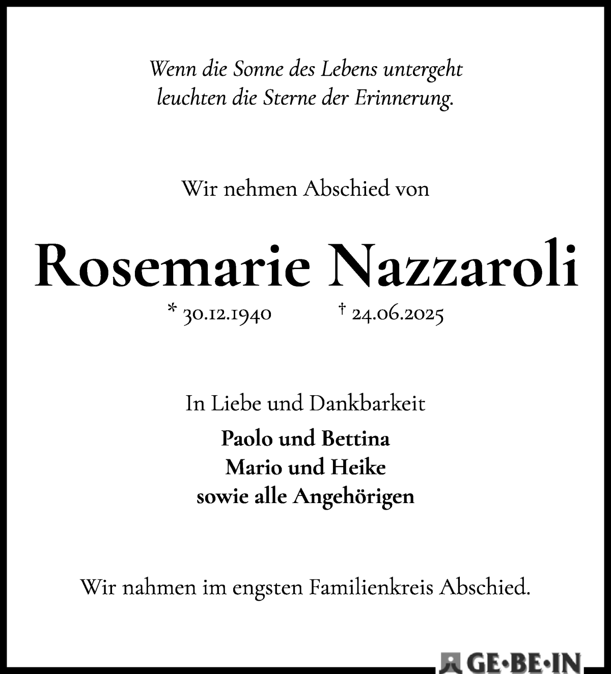 Traueranzeige von Rosemarie Nazzaroli von WESER-KURIER