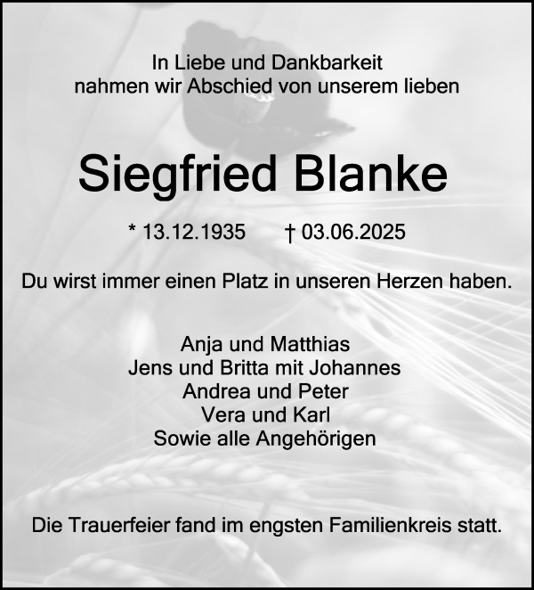 Traueranzeige von Siegfried Blanke von WESER-KURIER