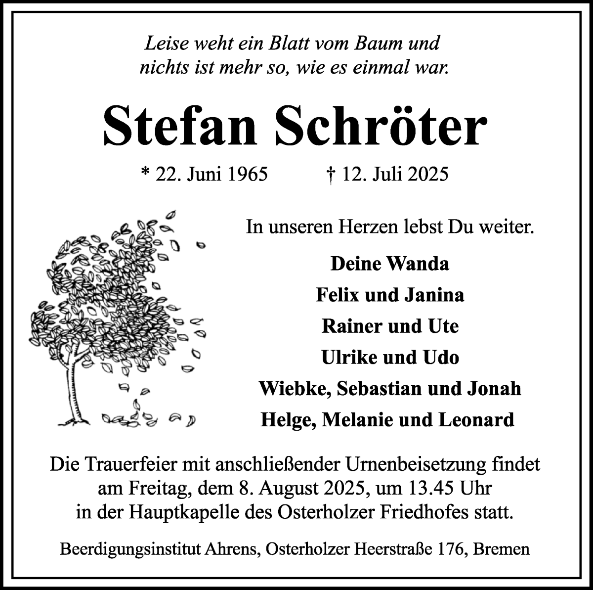 Traueranzeige von Stefan Schröter von WESER-KURIER
