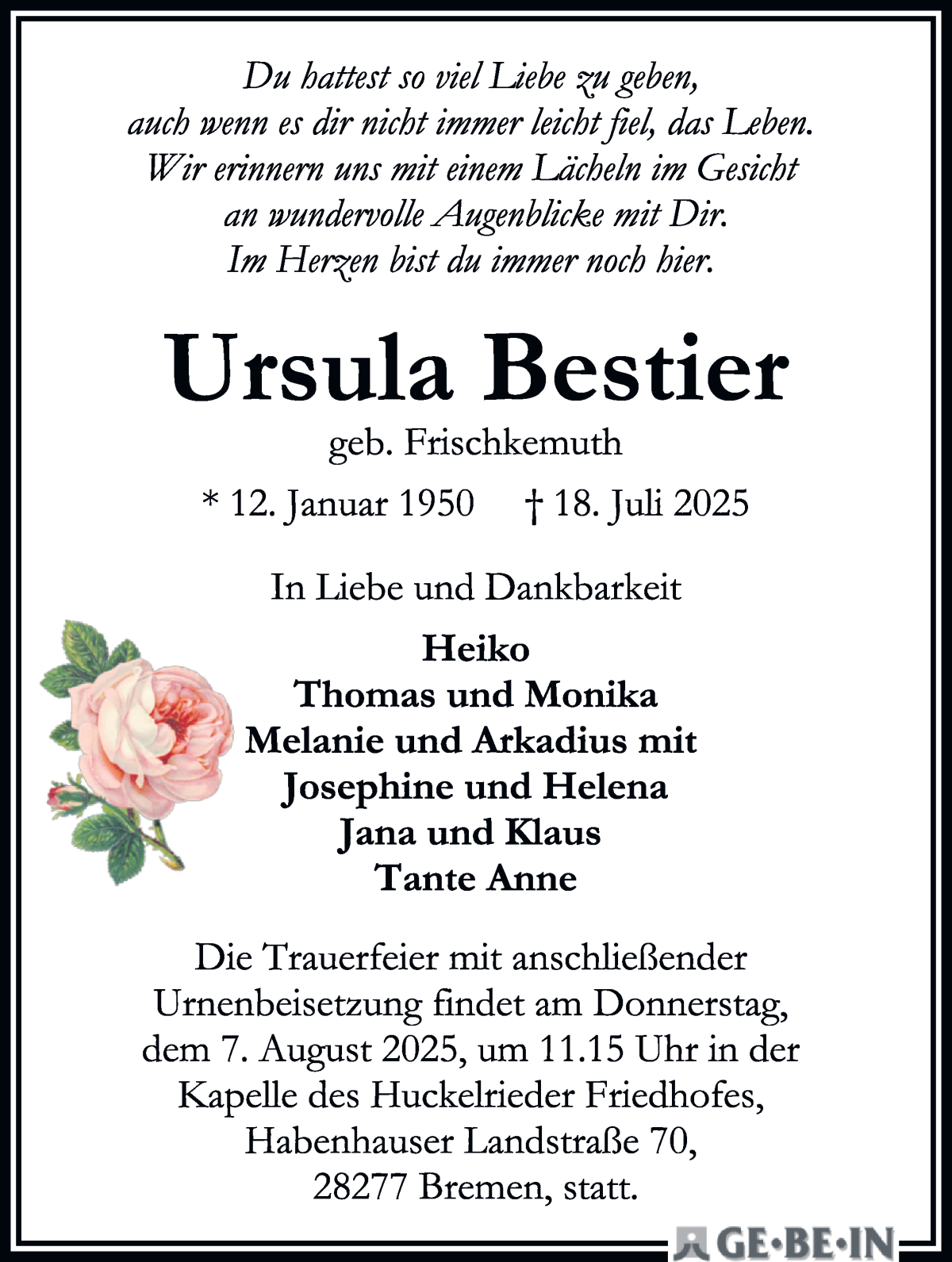 Traueranzeige von Ursula Bestier von WESER-KURIER