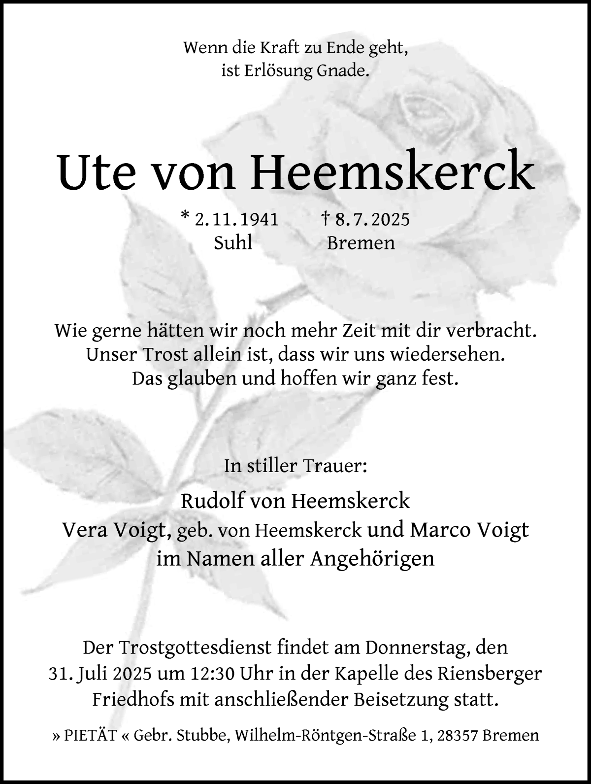 Traueranzeige von Ute von Heemskerck von WESER-KURIER