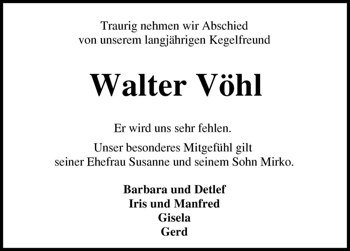 Traueranzeige von Walter Vöhl von Osterholzer Kreisblatt