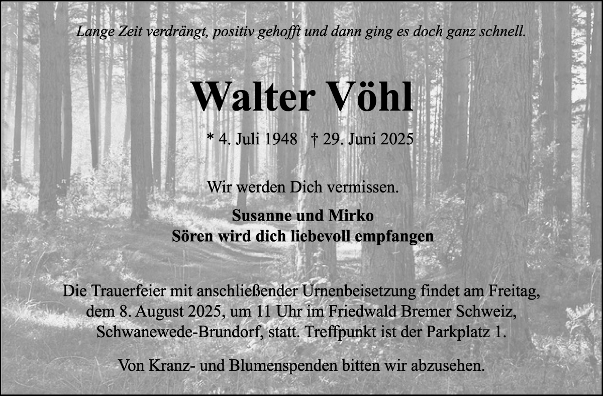 Traueranzeige von Walter Vöhl von Osterholzer Kreisblatt