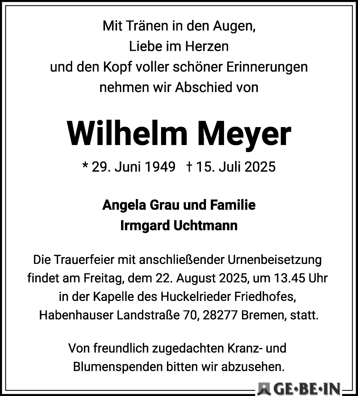 Traueranzeige von Wilhelm Meyer von WESER-KURIER