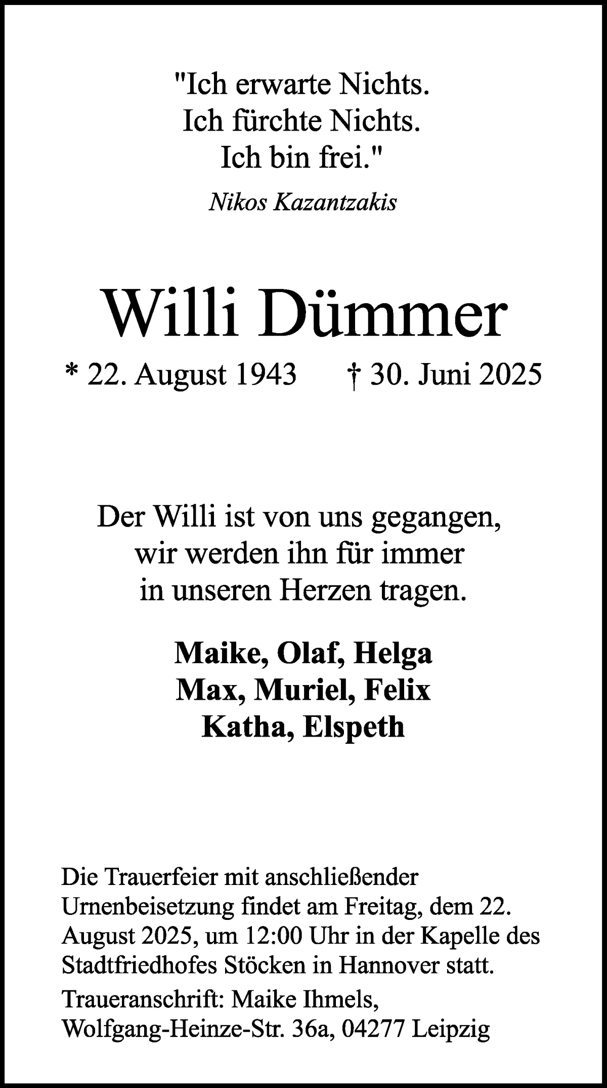 Traueranzeige von Willi Dümmer von WESER-KURIER