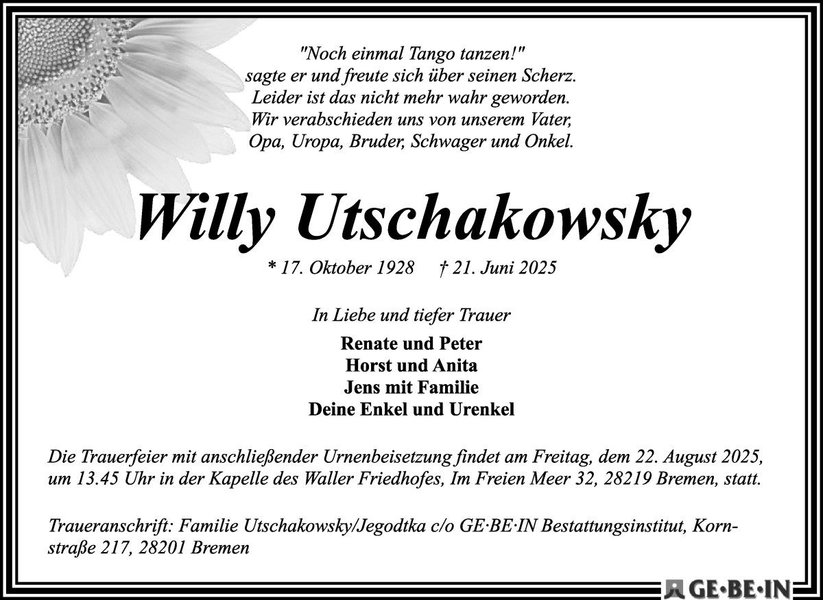 Traueranzeige von Willy Utschakowsky von WESER-KURIER