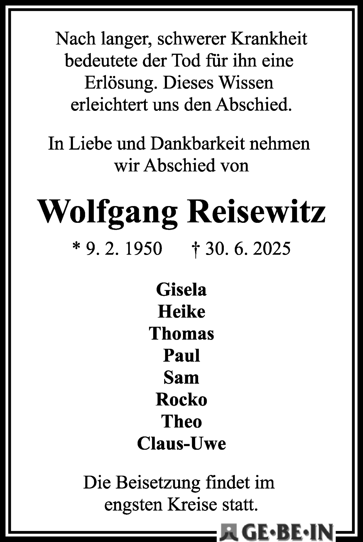Traueranzeige von Wolfgang Reisewitz von WESER-KURIER