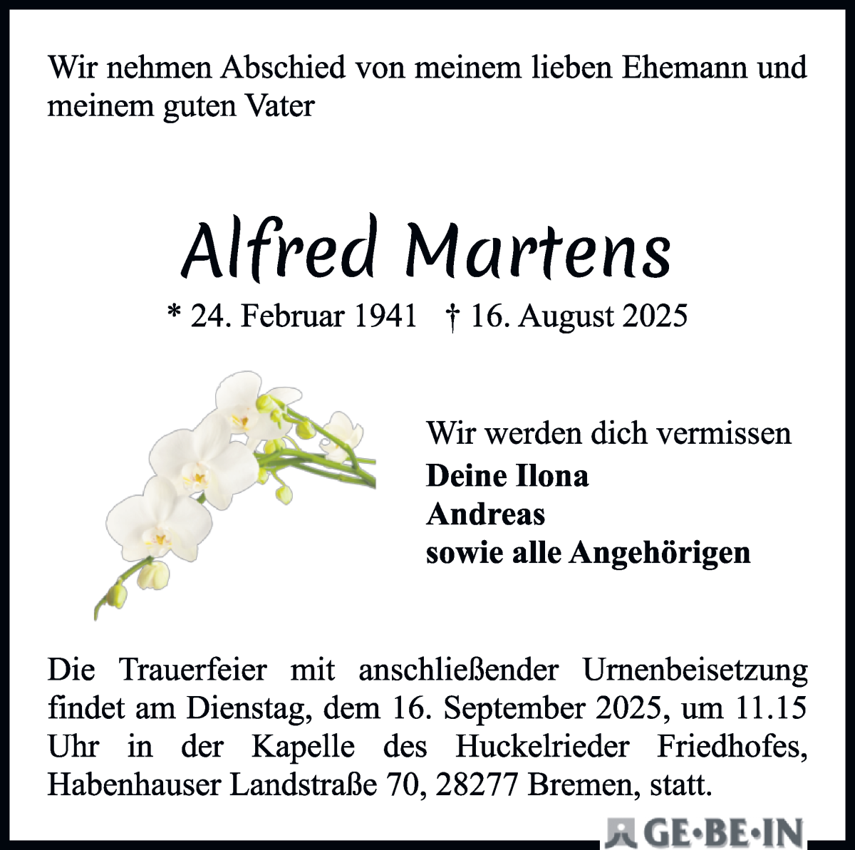 Traueranzeige von Alfred Martens von WESER-KURIER