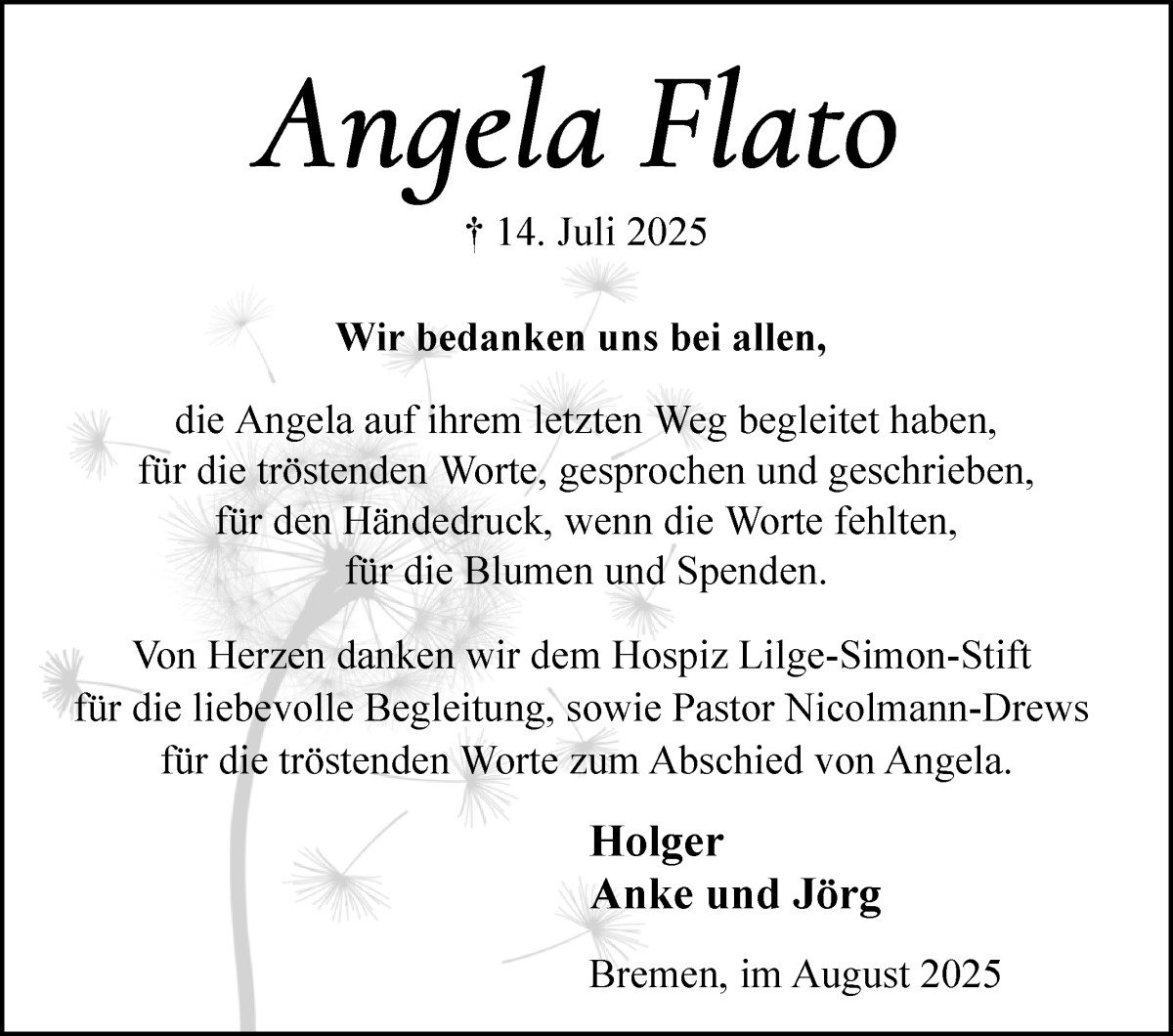 Traueranzeige von Angela Flato von Die Norddeutsche
