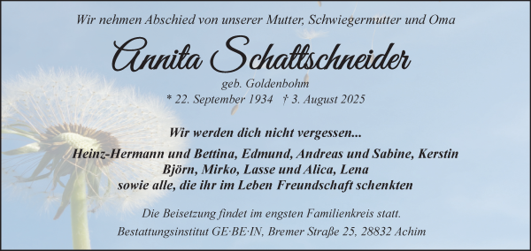 Traueranzeige von Anita Schattschneider von Regionale Rundschau/Syker Kurier