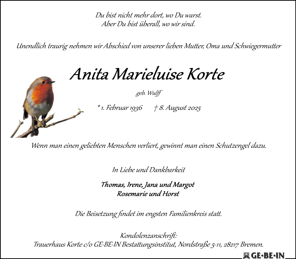 Traueranzeige von Anita Marieluise Korte von WESER-KURIER