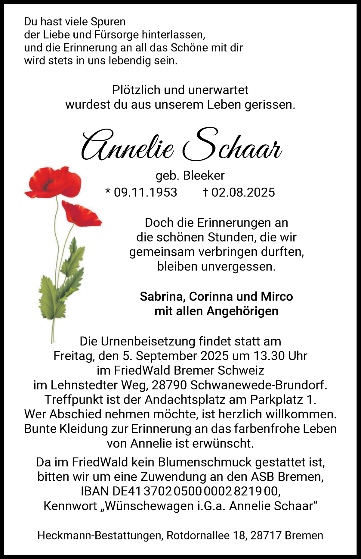 Traueranzeige von Annelie Schaar von WESER-KURIER