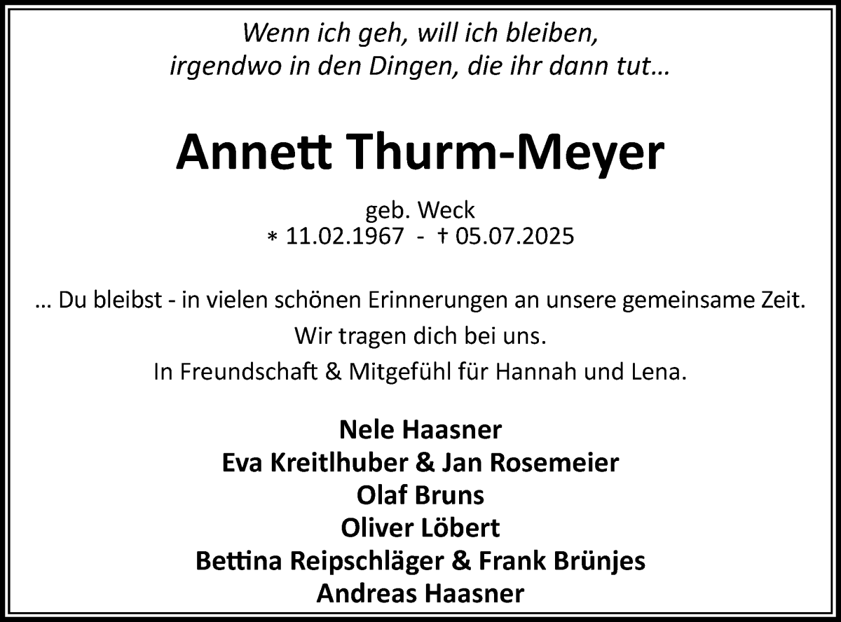  Traueranzeige für Annett Thurm-Meyer vom 16.08.2025 aus WESER-KURIER