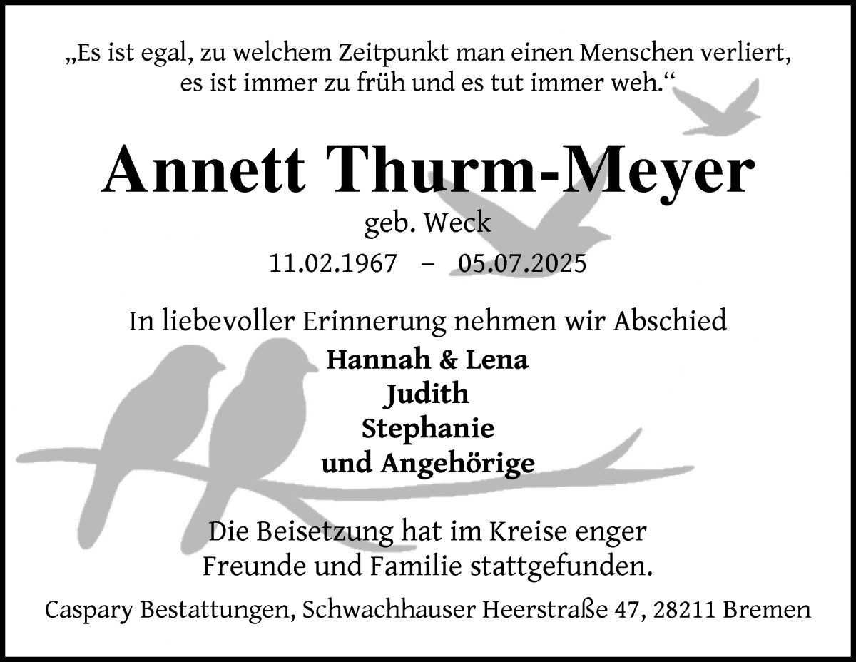  Traueranzeige für Annett Thurm-Meyer vom 16.08.2025 aus WESER-KURIER