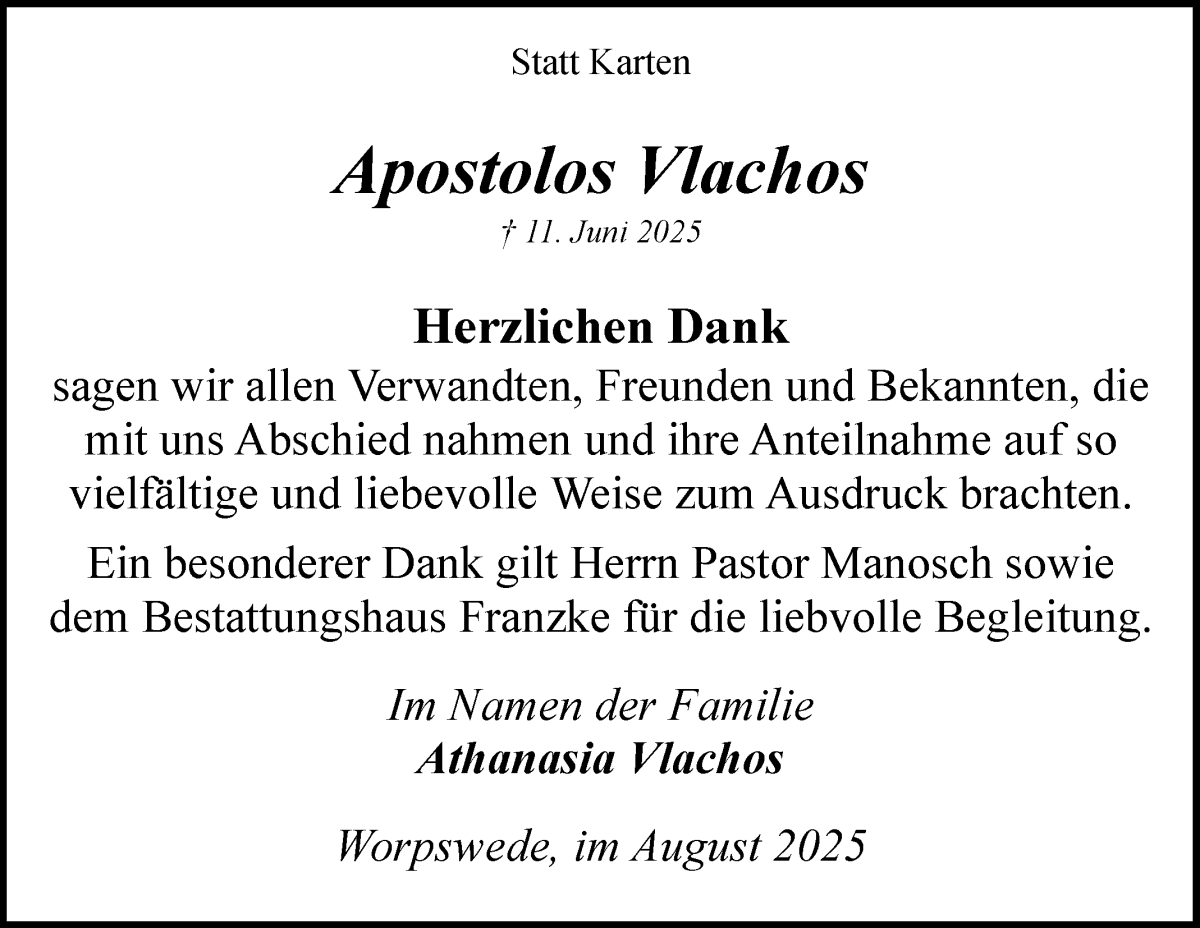  Traueranzeige für Apostolos Vlachos vom 09.08.2025 aus Wuemme Zeitung
