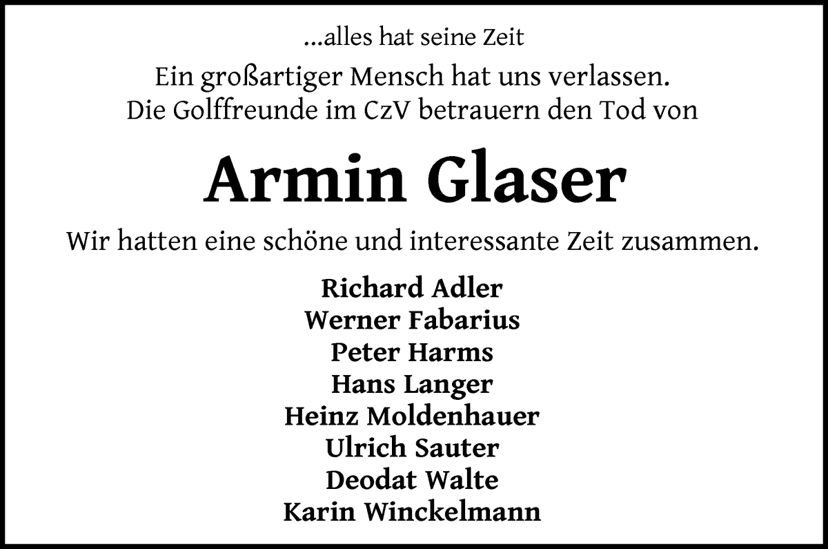 Traueranzeige von Armin Glaser von WESER-KURIER