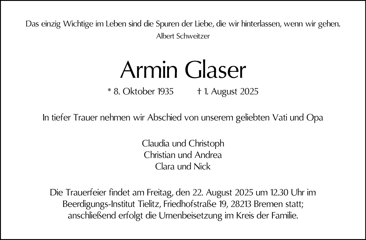 Traueranzeige von Armin Glaser von WESER-KURIER
